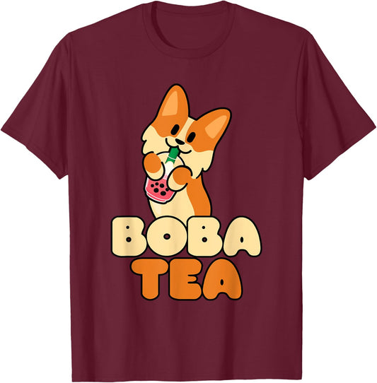 Kawaii Dog Corgi Anime Cat Boba Drink Bubble Tea Tapioca Men Women Girls Kids T-Shirt - T-Shirt | Maroon