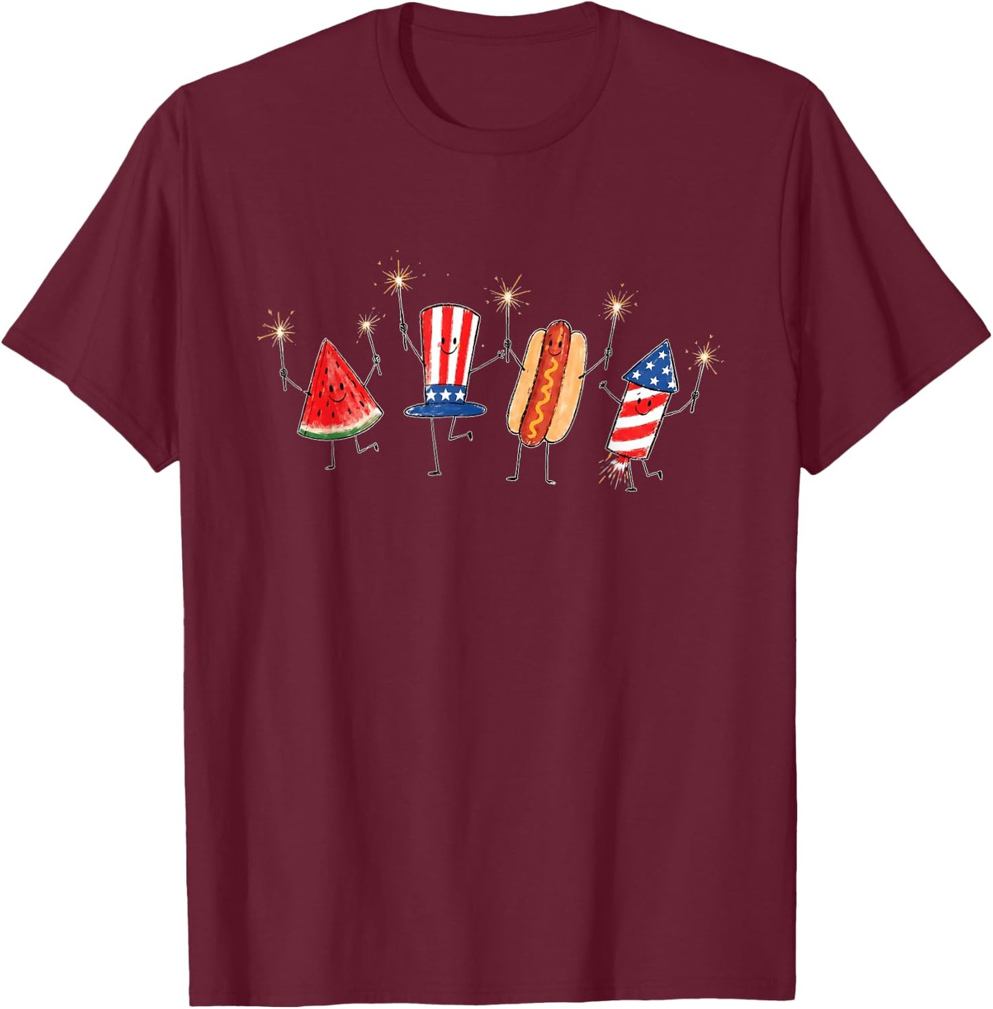 Funny Watermelon Hotdog Firework T-Shirt - T-Shirt | Maroon