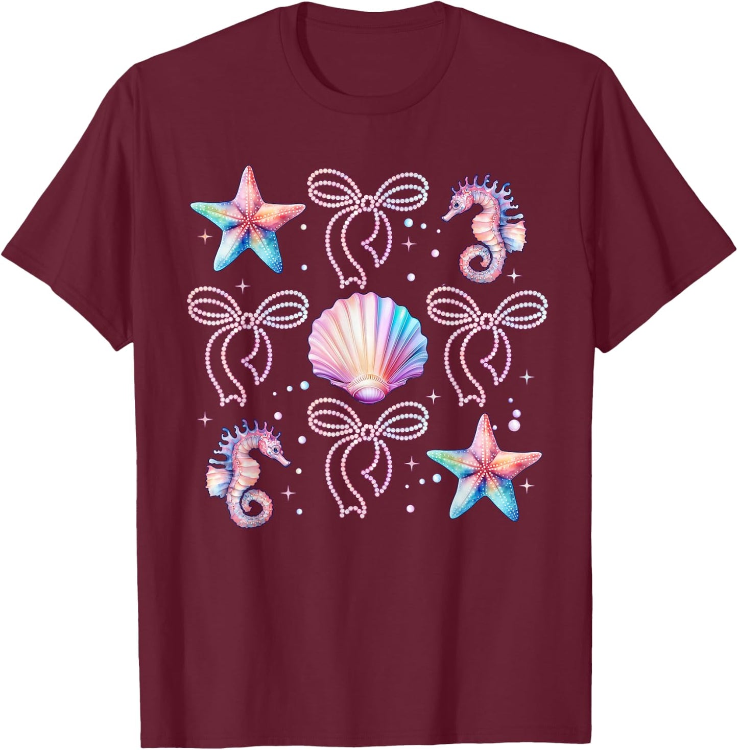 Retro Summer Vibes Beach Coquette Bow Summer Girls T-Shirt - T-Shirt | Maroon