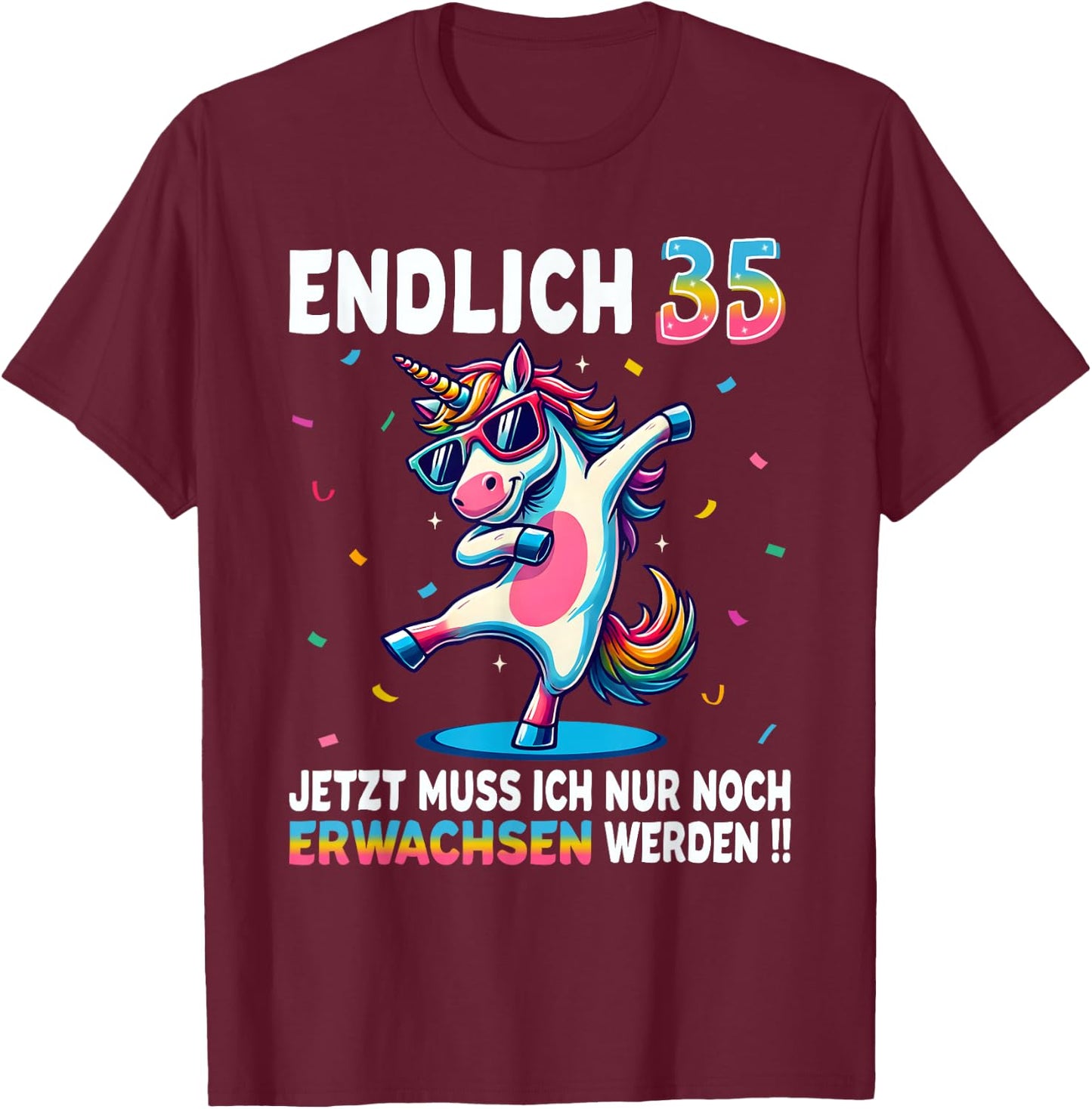 35th Birthday Gifts Woman Man Party Outfit Unicorn , black T-Shirt - T-Shirt | Maroon