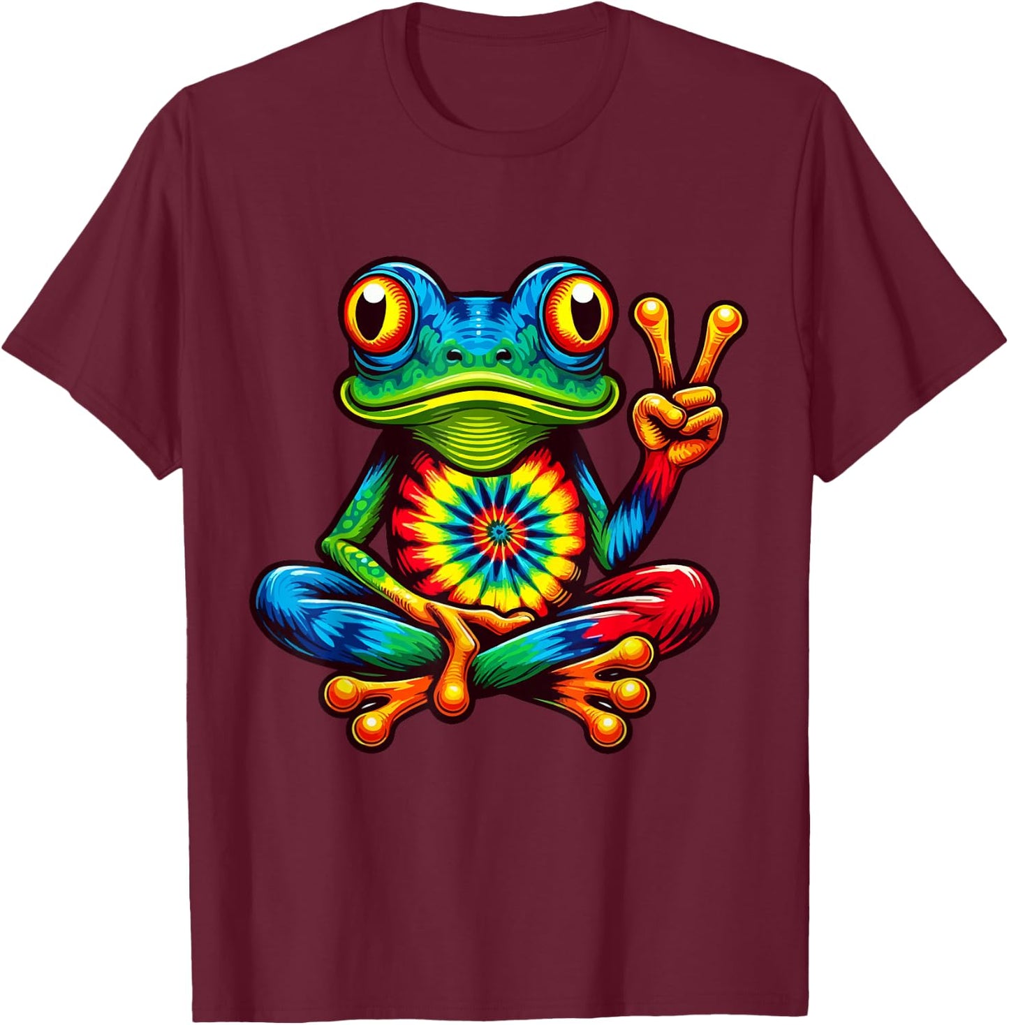 Tie-Dye Frog Peace Sign Women Kids T-Shirt - T-Shirt | Maroon