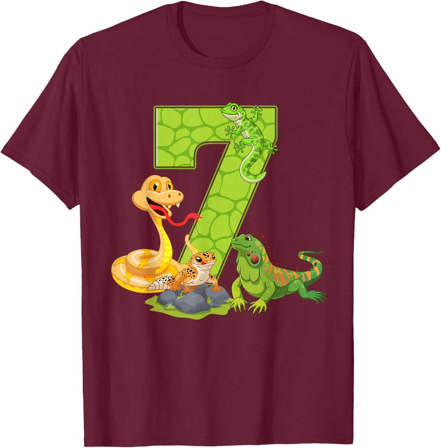 7th Birthday Snake Lizard Reptile 7 Year Old Birthday Party T-Shirt - T-Shirt | Maroon