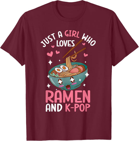 Just A Girl Who Loves Ramen And K-Pop Graphic Teen Girls T-Shirt - T-Shirt | Maroon