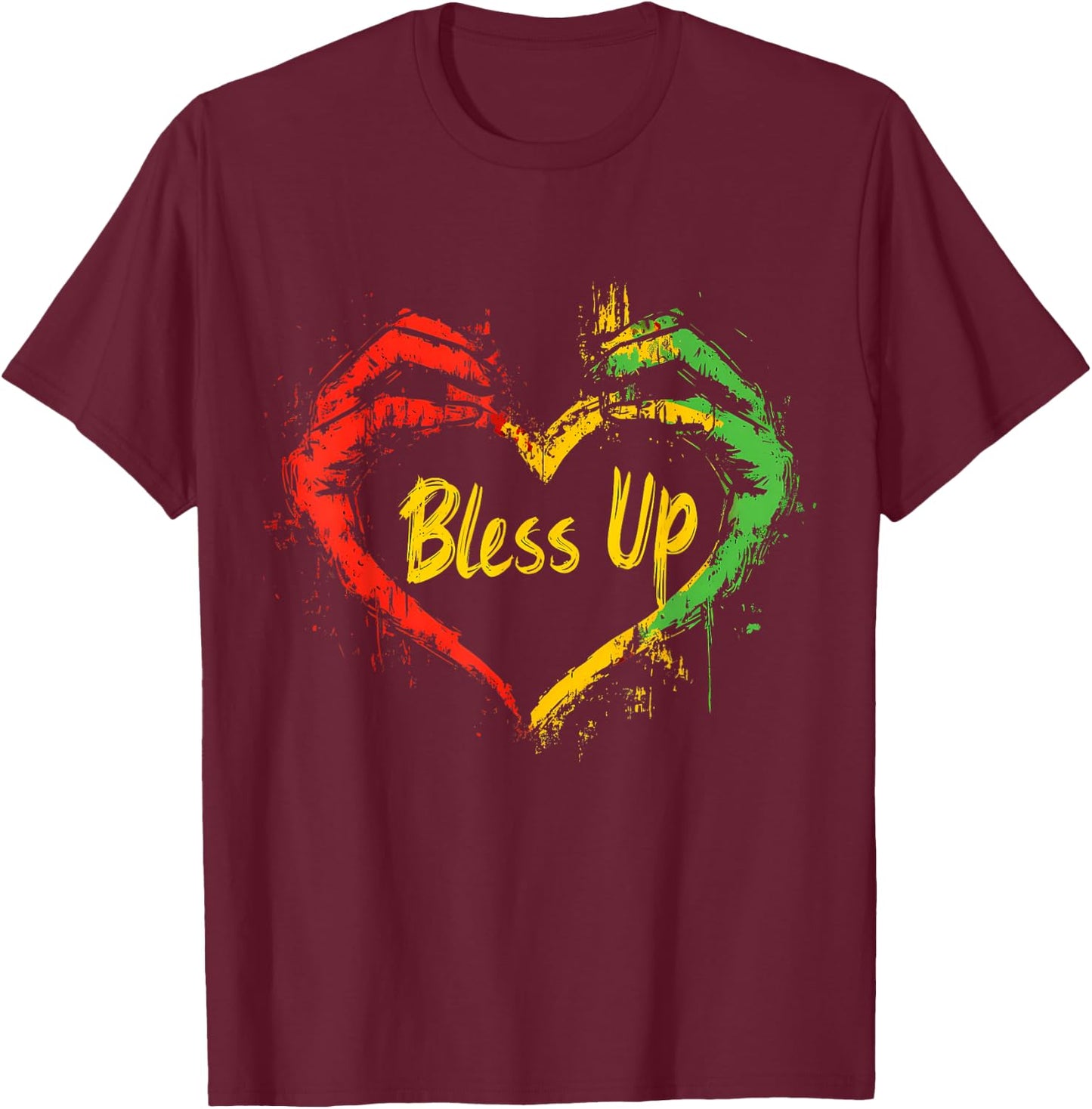Rasta Reggae Music Jah Bless Up Hand Heart Rastafari T-Shirt - T-Shirt | Maroon