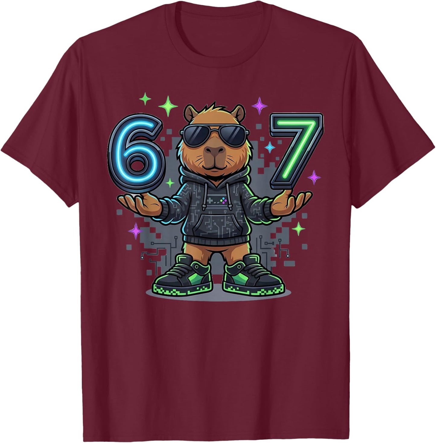 Six Seven 67 Capybara Gaming Zocker T-Shirt - T-Shirt | Maroon