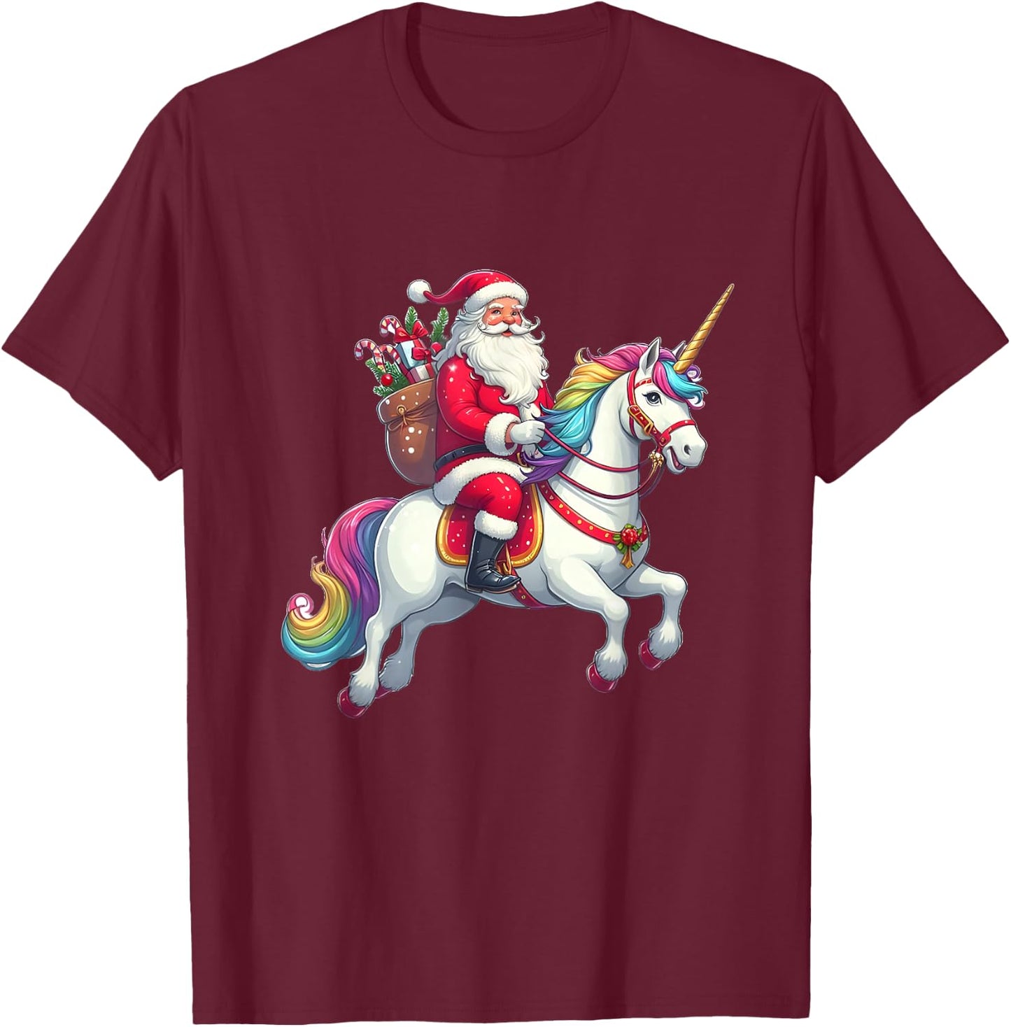 Santa Riding a Unicorn T-Shirt - T-Shirt | Maroon