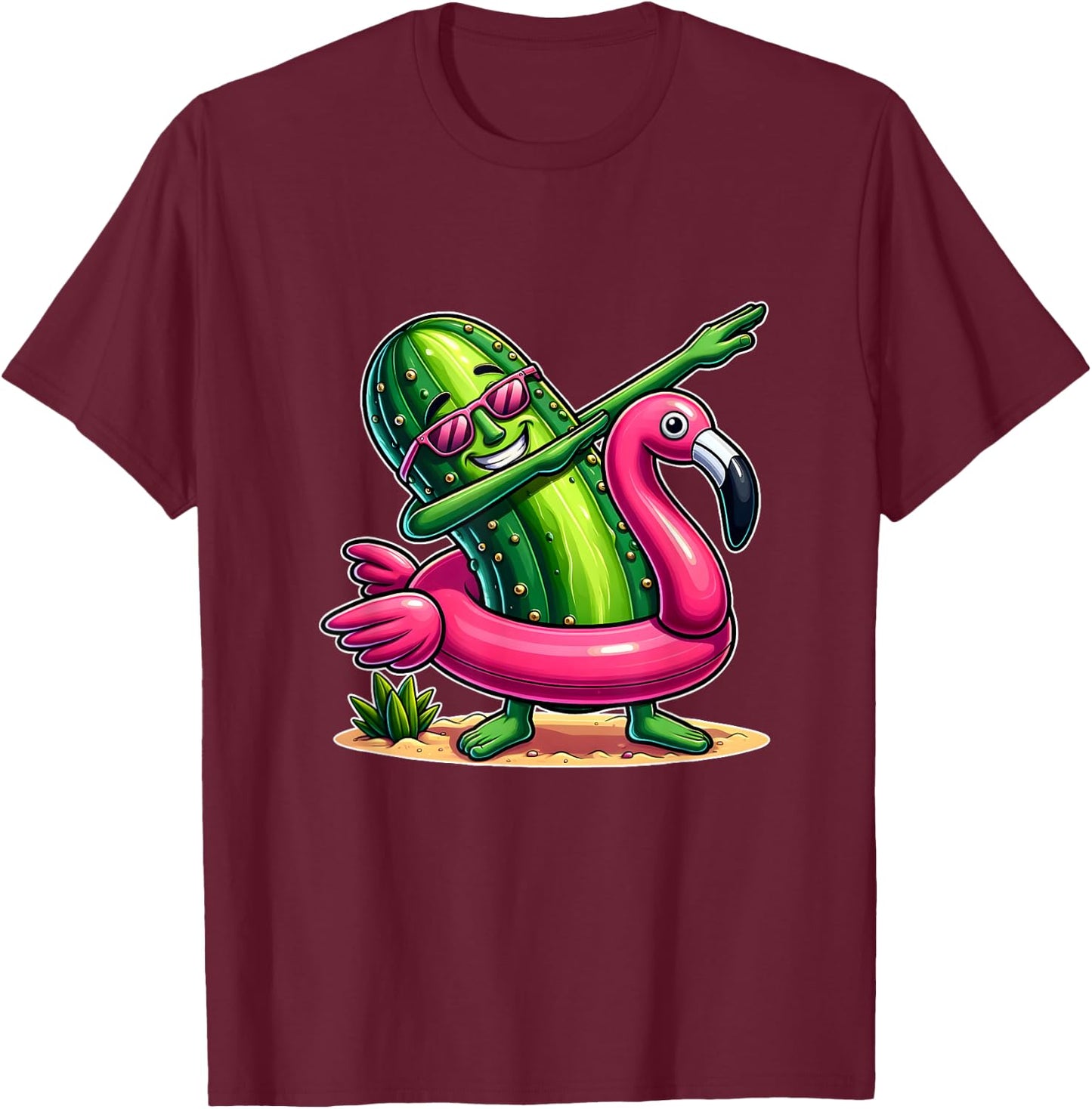Unique Dabbing Pickle Flamingo Summer Fun T-Shirt - T-Shirt | Maroon