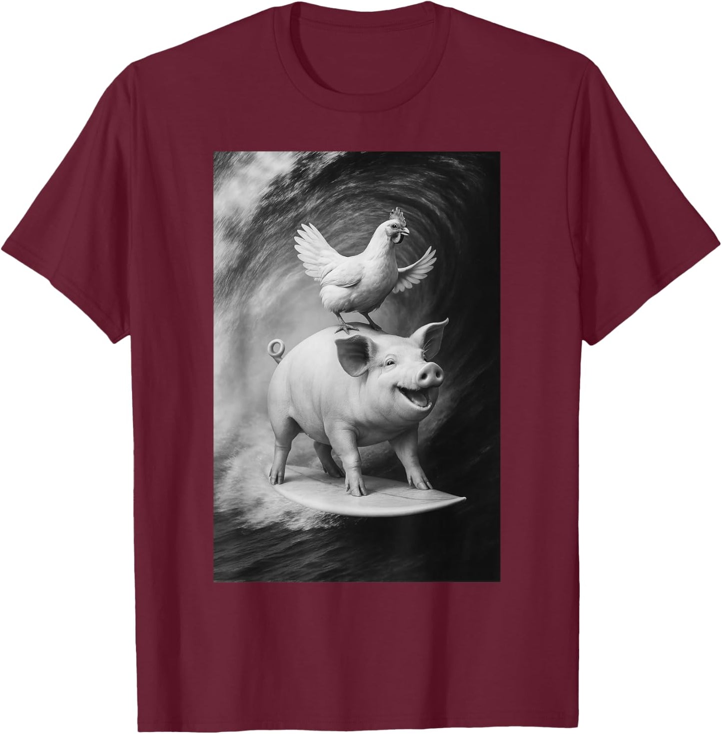 Funny Surfing Pig and Chicken Selfie On Farm Animal T-Shirt - T-Shirt | Maroon