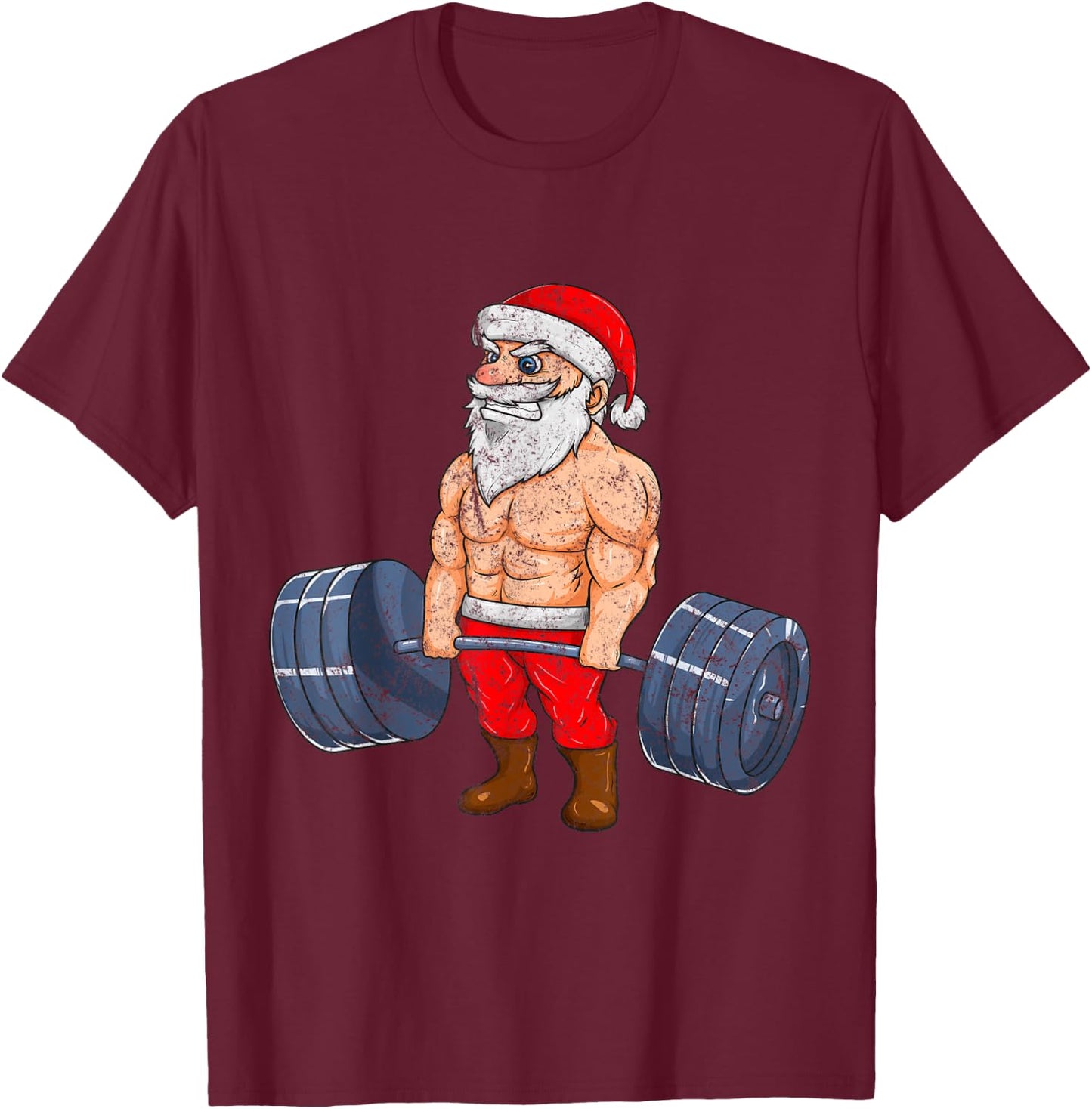 Vintage Santa Weightlifting Bodybuilder Muscle Fitness T-Shirt - T-Shirt | Maroon