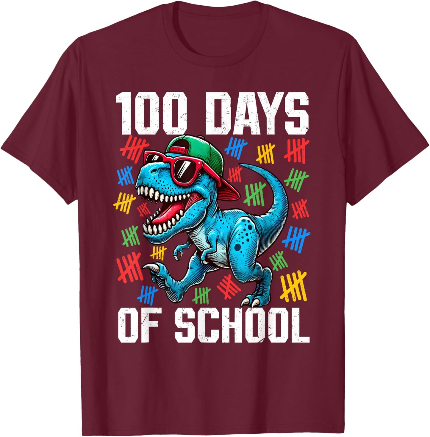 100 Days of School Dinosaur 100th Day Of School Boys Kids T-Shirt - T-Shirt | Maroon