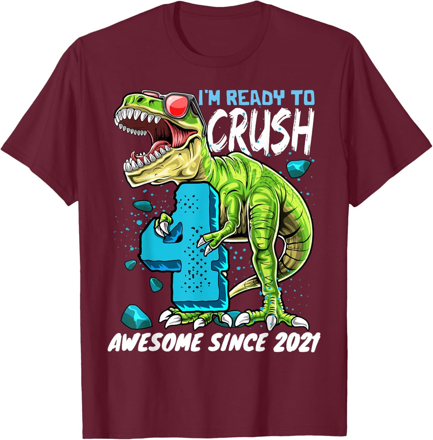 4th Birthday T Rex Dinosaur Party Boys Rawr I'm 4 T-Shirt - T-Shirt | Maroon