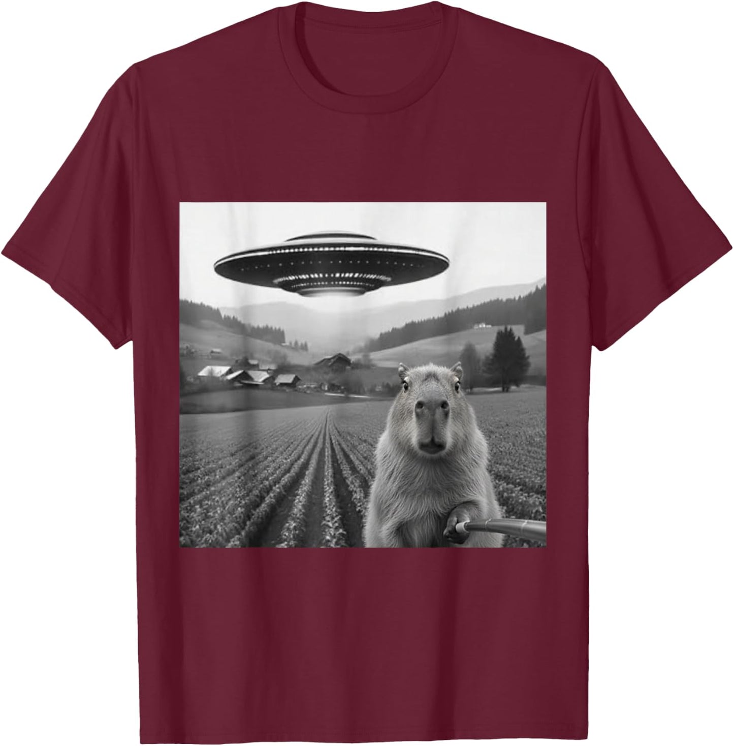 Capybara Selfie with Alien UFO Shirts Funny Gifts T-Shirt - T-Shirt | Maroon