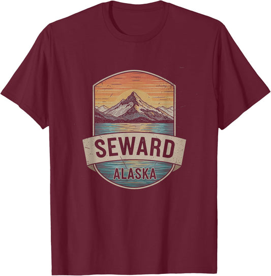 Retro Seward Alaska Drawing Art Design T-Shirt - T-Shirt | Maroon