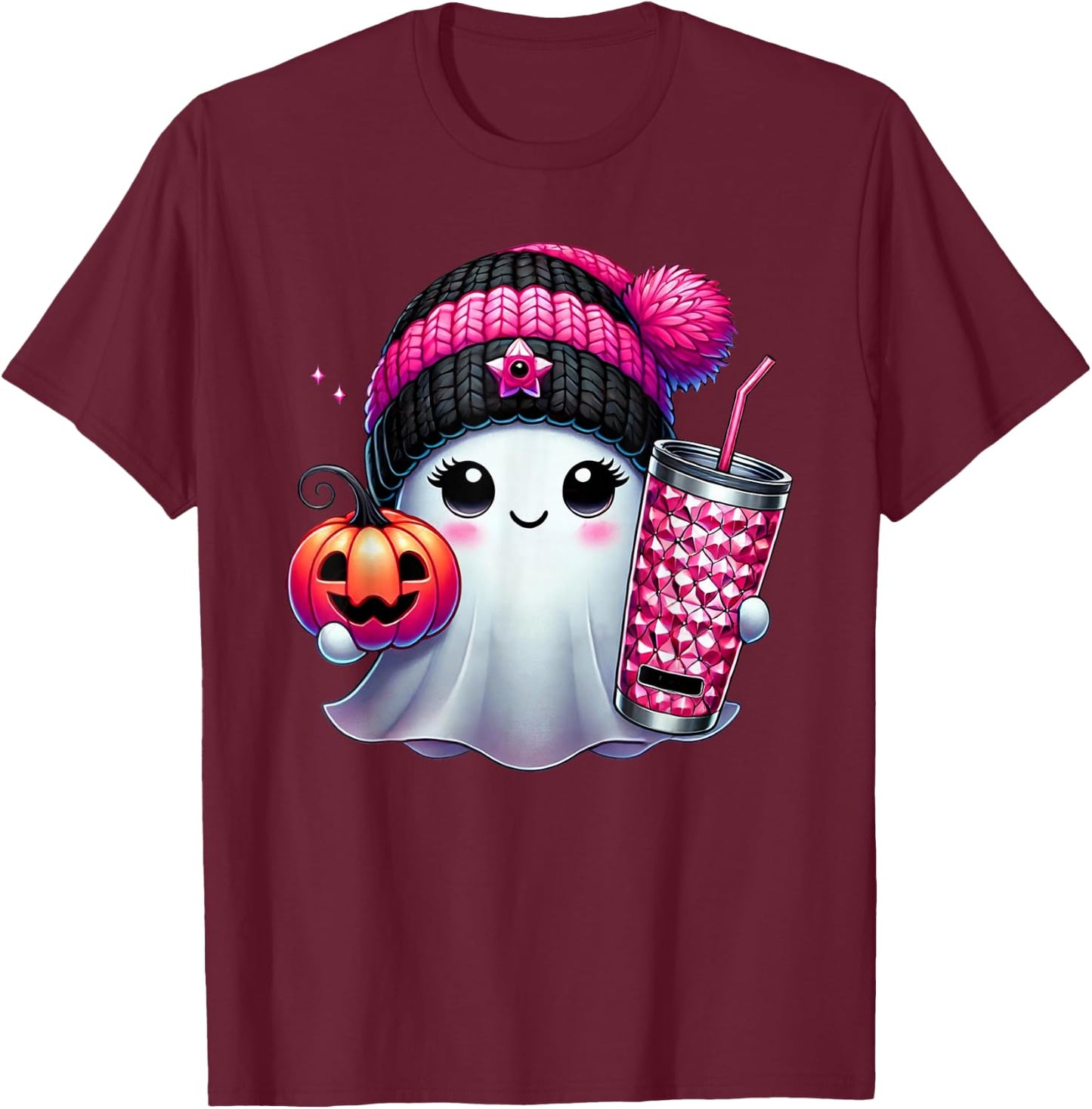Cute Ghost Drinking Coffee Halloween Ghost Ice Coffee T-Shirt - T-Shirt | Maroon
