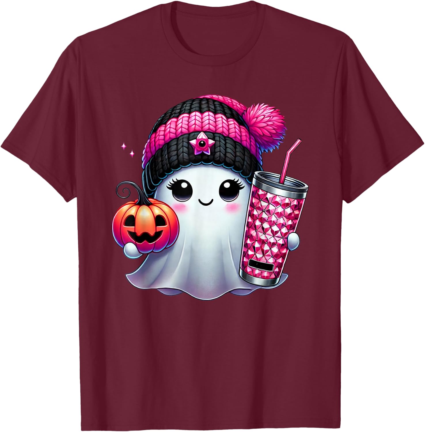 Cute Ghost Drinking Coffee Halloween Ghost Ice Coffee T-Shirt - T-Shirt | Maroon