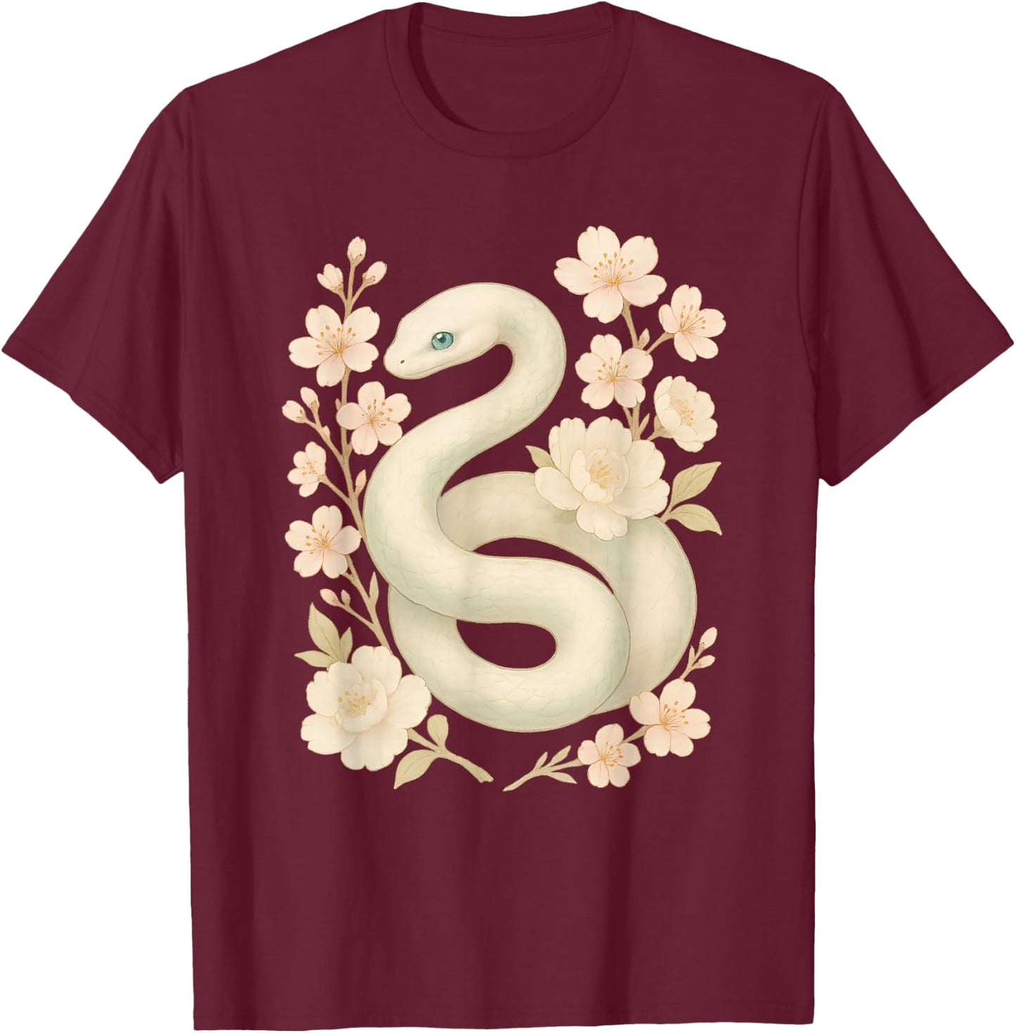 Elegant White Mint Snake with Peony Cherry Blossom Flowers T-Shirt - T-Shirt | Maroon