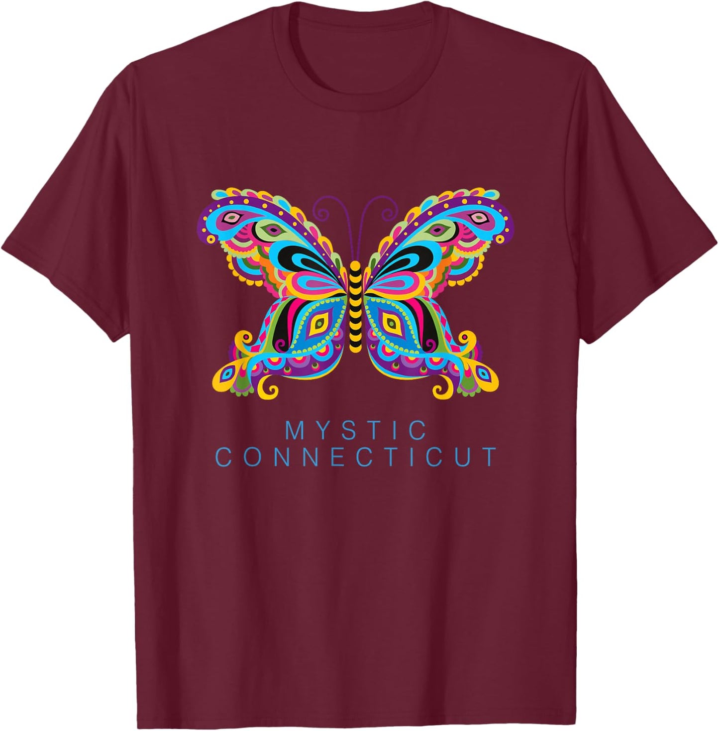 Mystic Connecticut Souvenir Butterfly Graphic T-Shirt - T-Shirt | Maroon