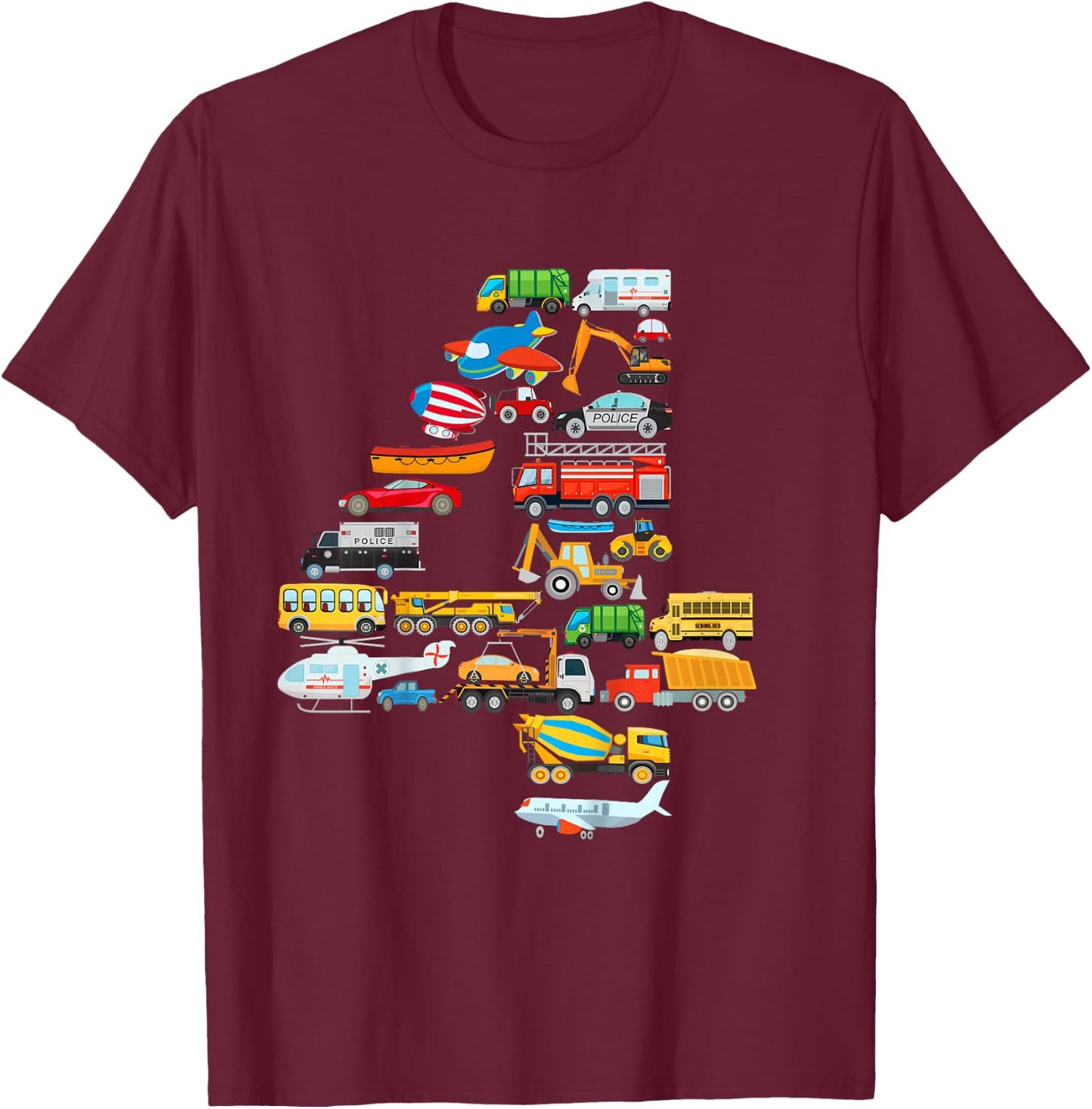 Kids 4th Birthday Boys Cars Vehicles Fire Engine T-Shirt - T-Shirt | Maroon
