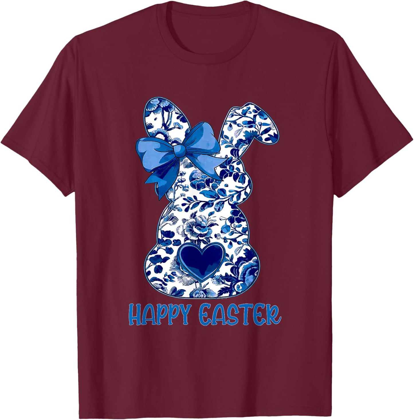 Easter Chinoiserie Floral Bunny With Cute Blue Bow Coquette T-Shirt - T-Shirt | Maroon