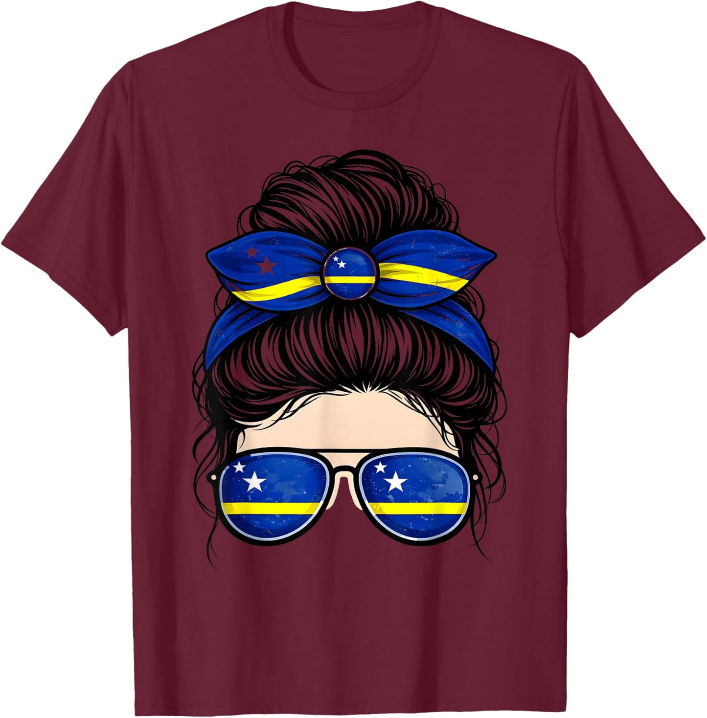 Caribbean Curacao Flag Messy Bun Sunglasses Pride T-Shirt - T-Shirt | Maroon