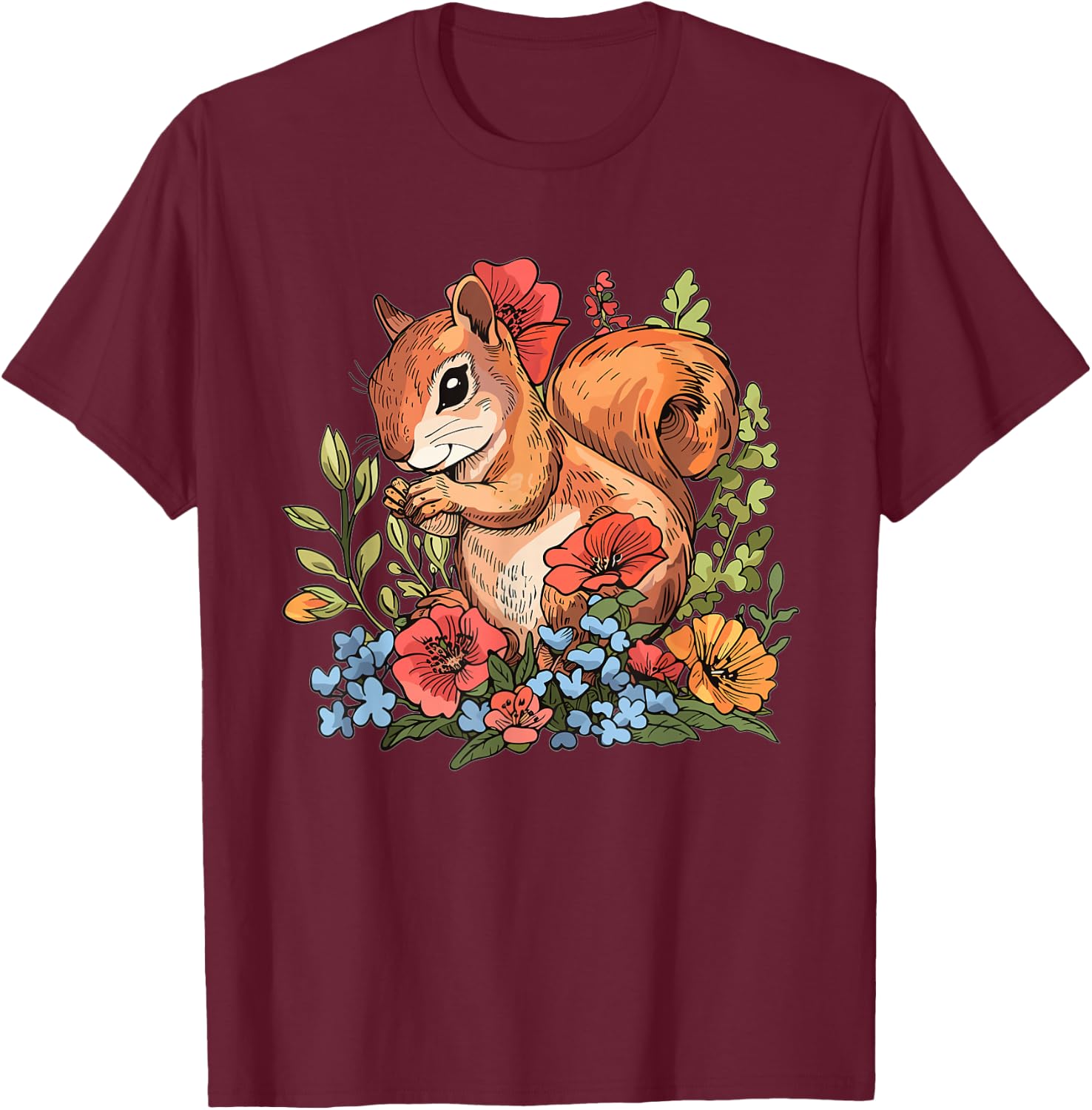 Cute Squirrel with Flowers I Kids Squirrel T-Shirt - T-Shirt | Maroon