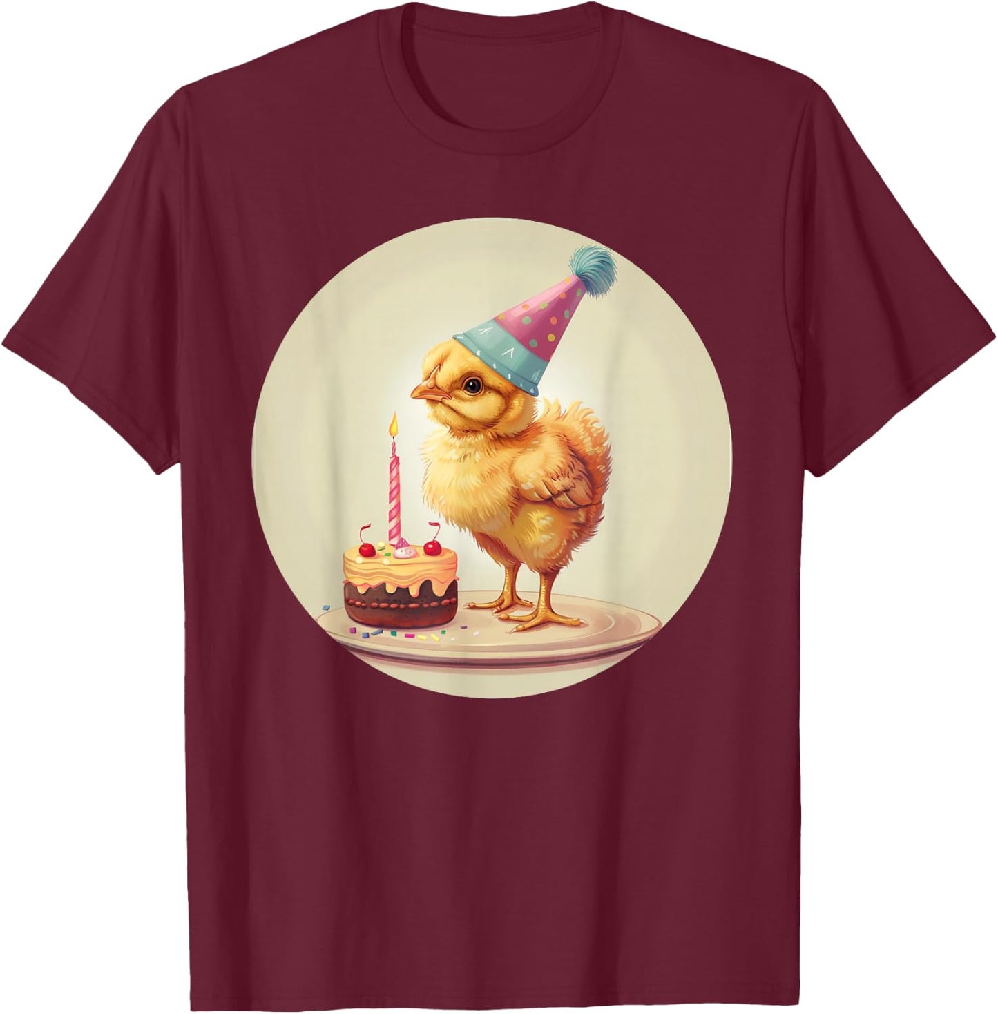 Happy Birthday Chick with Party Hat for Poultry and Hen Fans T-Shirt - T-Shirt | Maroon