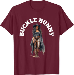 Buckle Bunny , Black Cowgirl Western T-Shirt - T-Shirt | Maroon