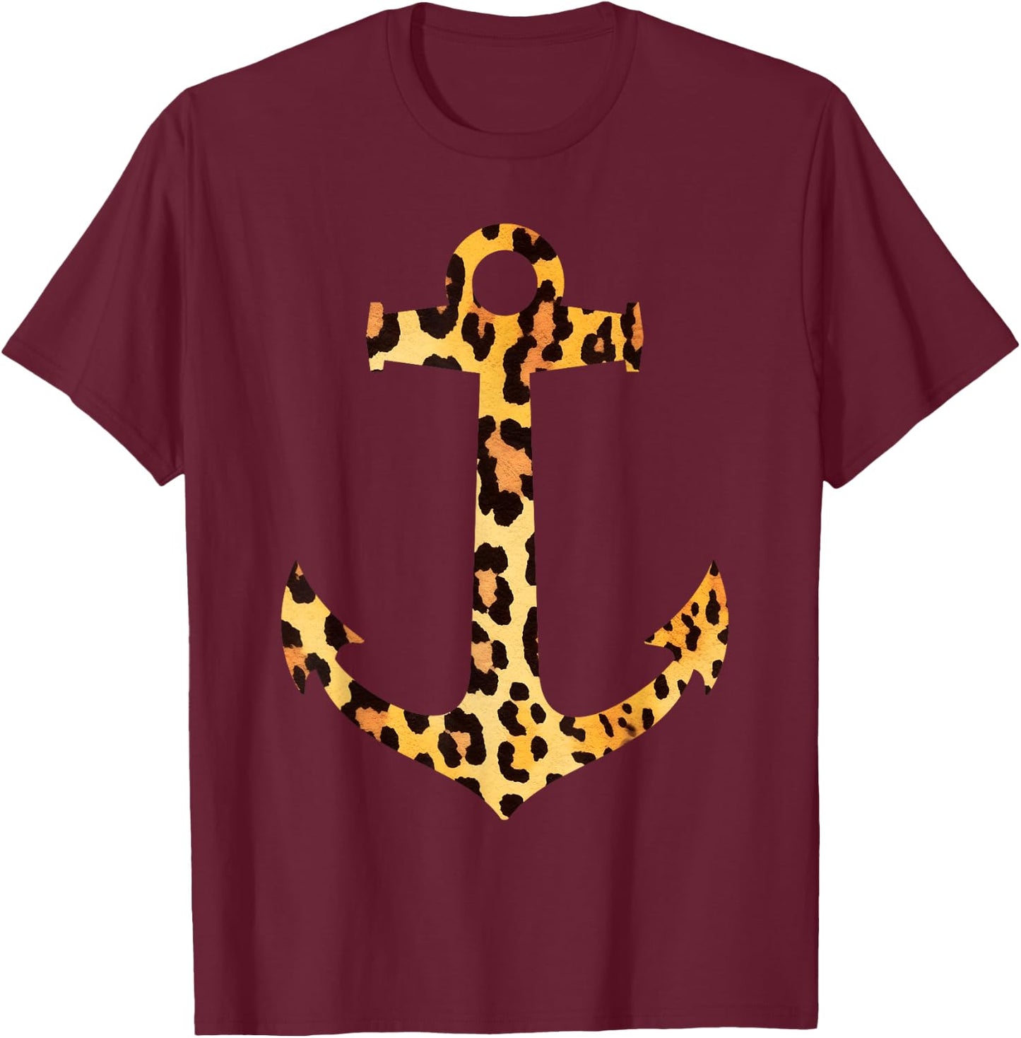 Leopard Skin Print Pattern Nautical Boating Anchor Graphic T-Shirt - T-Shirt | Maroon