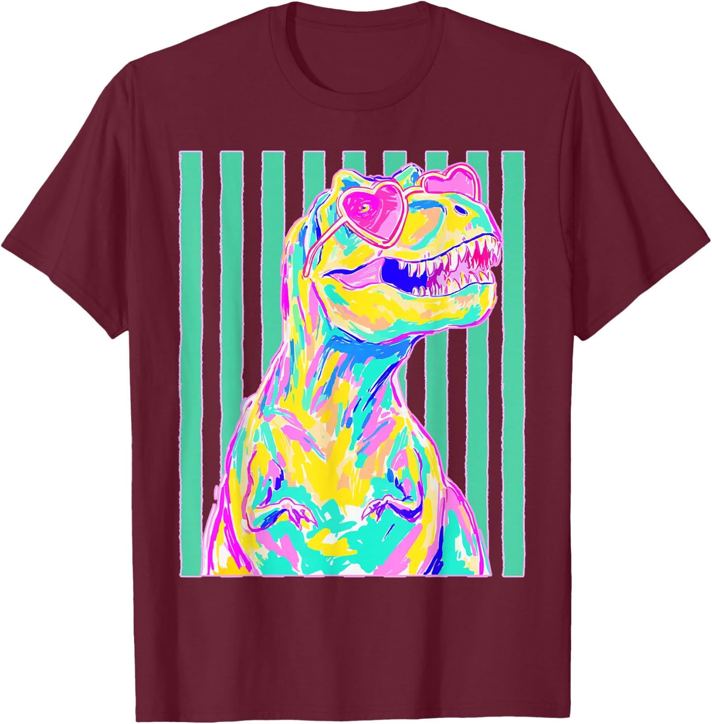Cute T-rex with Heart Sunglasses Dinosaur Summer Stripes T-Shirt - T-Shirt | Maroon