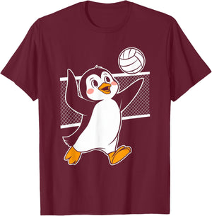 Cute Penguin Playing Volleyball Funny Penguin Beach Design T-Shirt - T-Shirt | Maroon