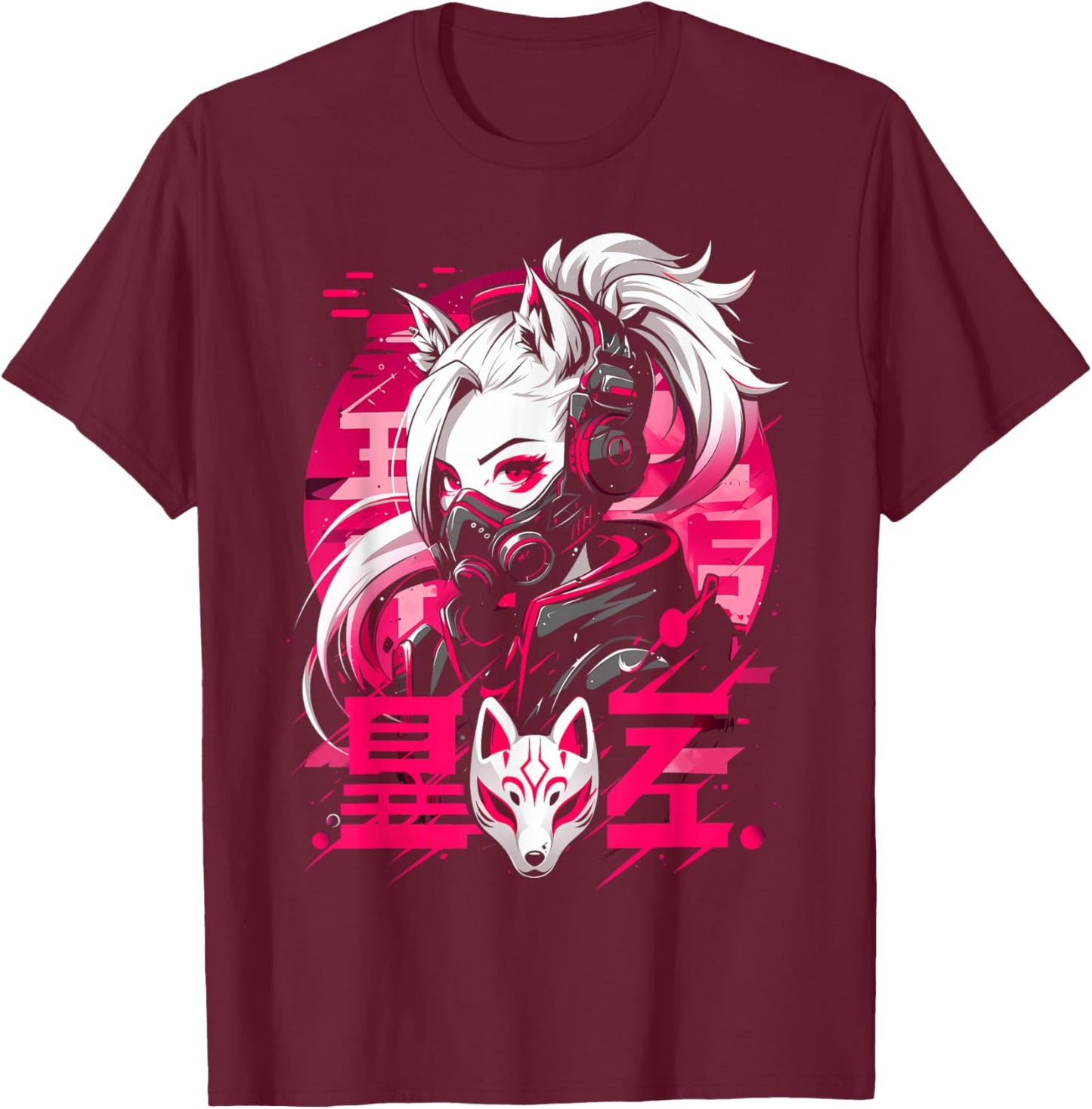 Anime Manga Cyberpunk Aesthetic Techwear Harajuku Kitsune , black T-Shirt - T-Shirt | Maroon