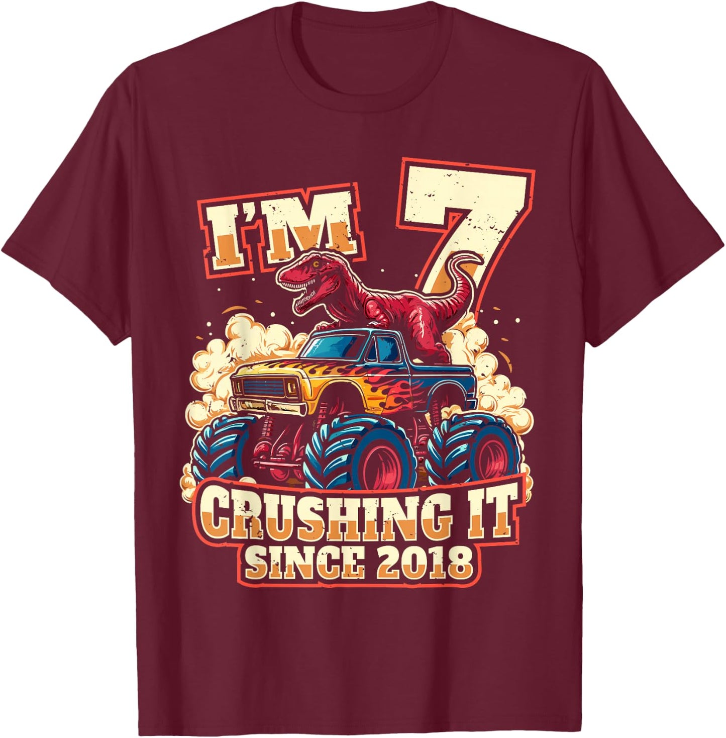 7 Year Old Boys 7th Birthday Dinosaur Monster Truck Party T-Shirt - T-Shirt | Maroon