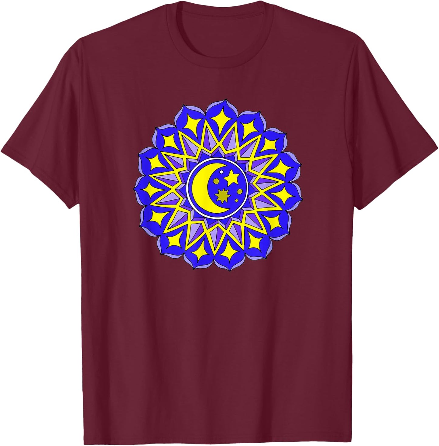 Mandala Moon Stars Blue Yellow Yoga Design Hindu Buddhist T-Shirt - T-Shirt | Maroon
