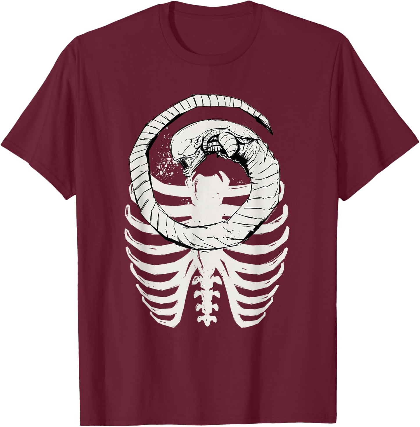 Alien: Romulus Xenomorph Chestburster in Ribcage Art , Black, S T-Shirt - T-Shirt | Maroon