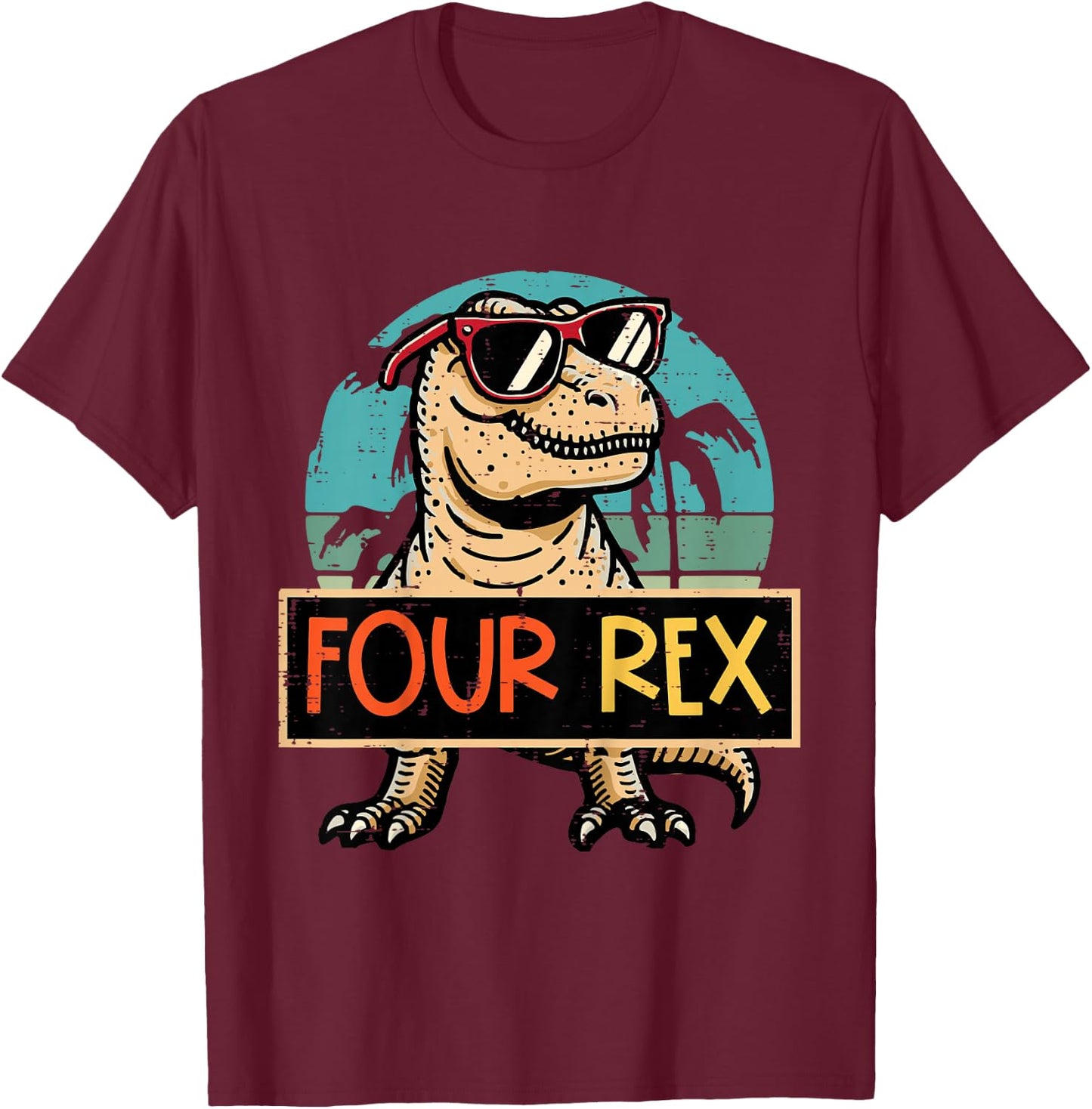 Kids 4th Birthday Dino Four Rex Trex 4 Year Old Bday Boys Kids T-Shirt - T-Shirt | Maroon
