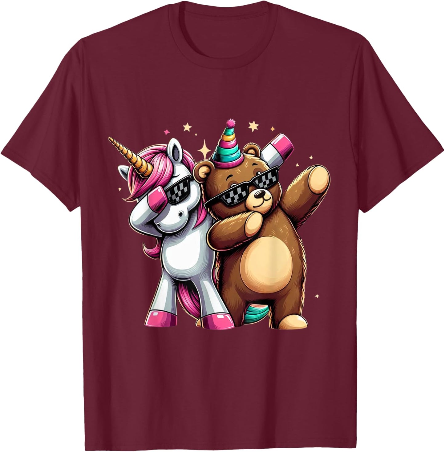 Dabbing Unicorn And Bear Boys Girls Men Women Kids Adults T-Shirt - T-Shirt | Maroon