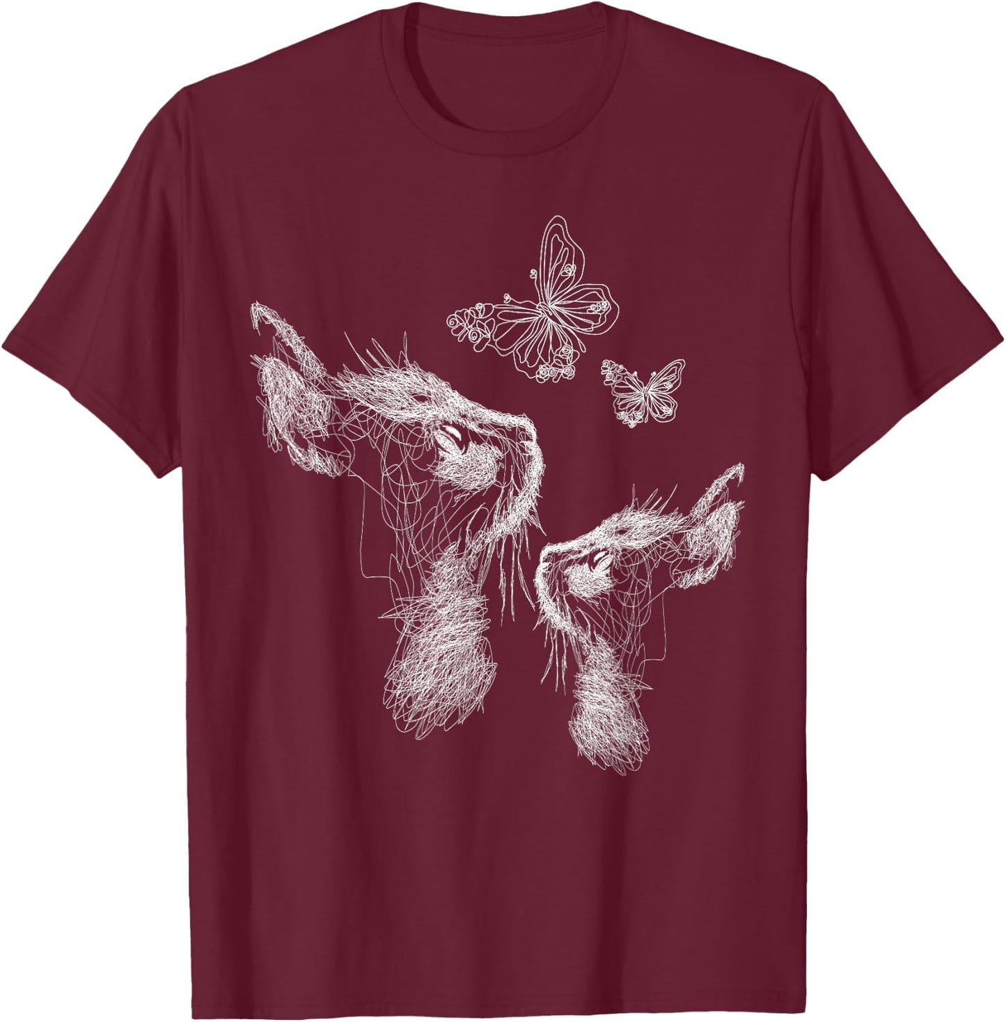 Cat with Kitten and Butterflies Scribble Art , black T-Shirt - T-Shirt | Maroon
