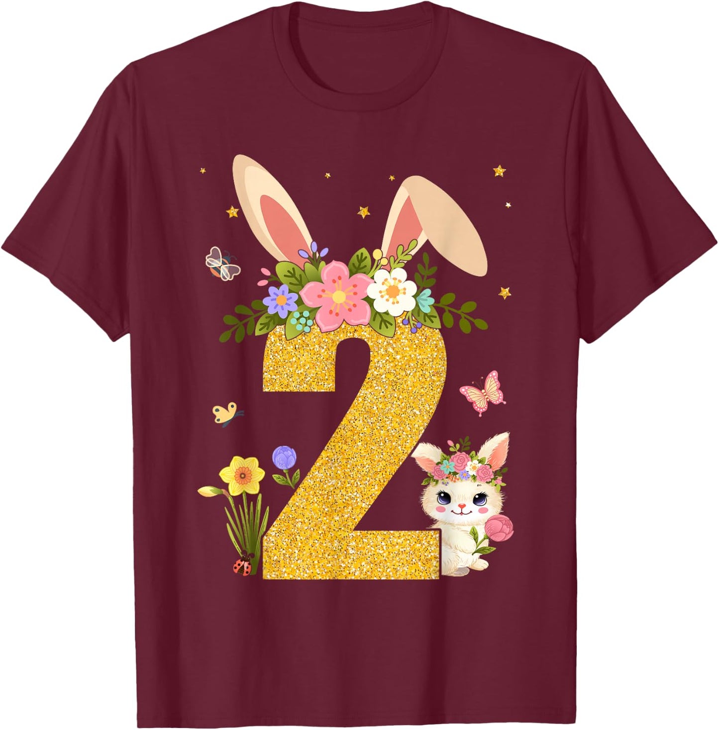2nd Birthday Rabbit Two Year Old Sweet Baby Bunny Ears T-Shirt - T-Shirt | Maroon