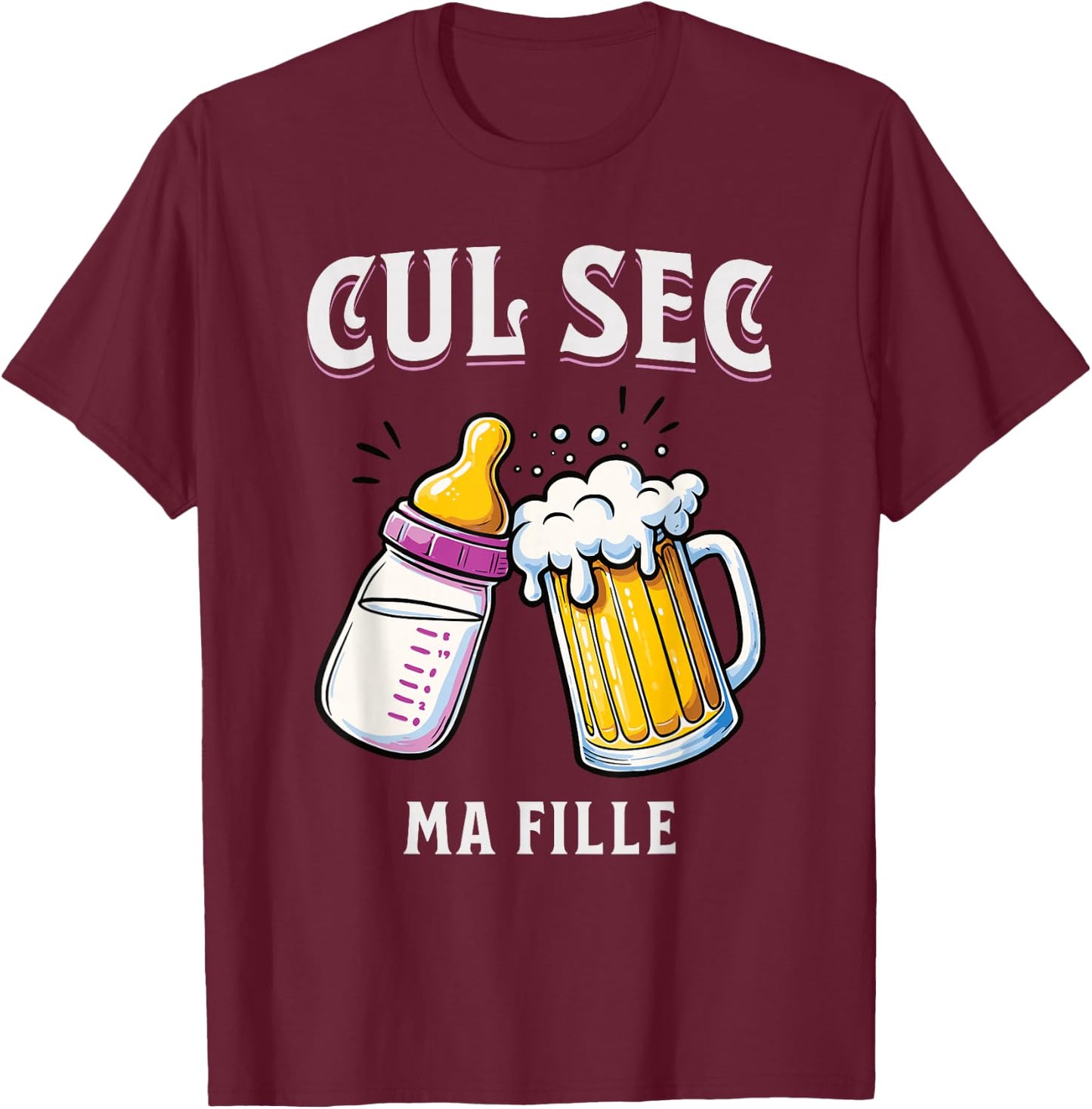 Funny Gift Dad Newborn Baby Girl Bottle & Beer , Black, S T-Shirt - T-Shirt | Maroon