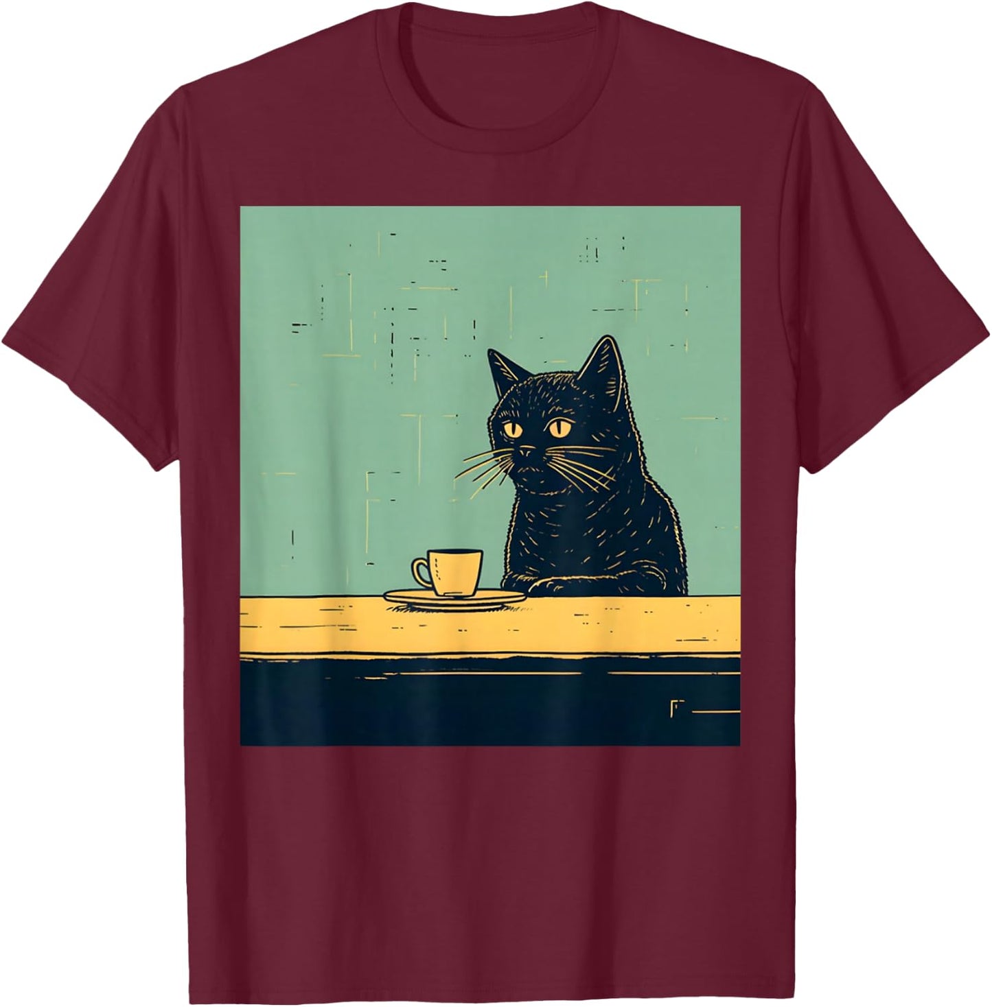 Funny Black Cat Chilling with Coffee Retro Vintage T-Shirt - T-Shirt | Maroon