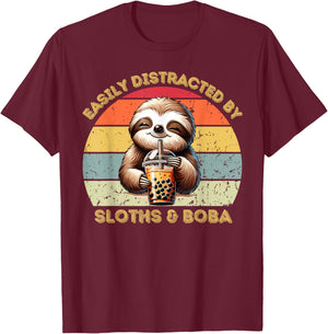 Easily Distracted By Sloths And Boba Sloth Lover T-Shirt - T-Shirt | Maroon
