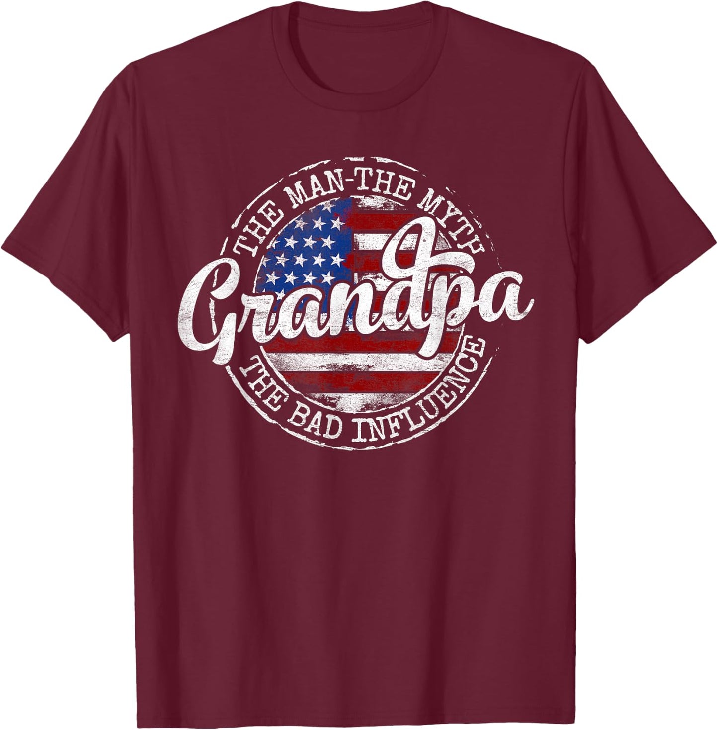 Grandpa Man Myth Bad Influence USA Flag Stamp Fathers Day T-Shirt - T-Shirt | Maroon