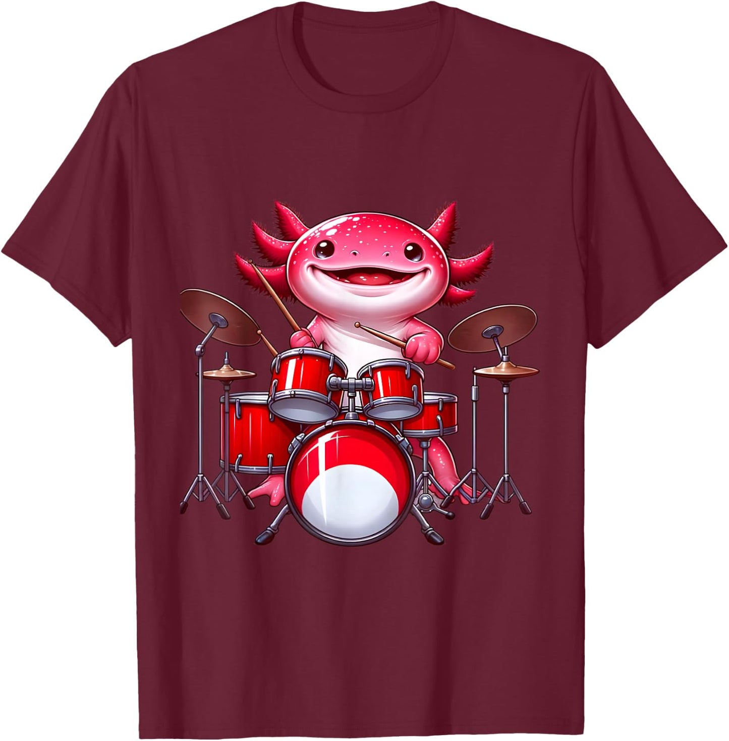 Axolotl Playing Drum Set Percussionist Drummer T-Shirt - T-Shirt | Maroon