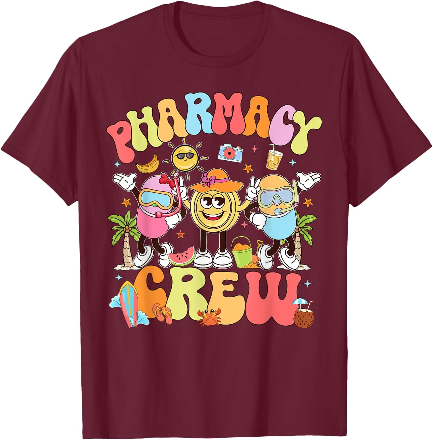 Retro Pharmacy Crew Summer Vacation Pharm Tech T-Shirt - T-Shirt | Maroon