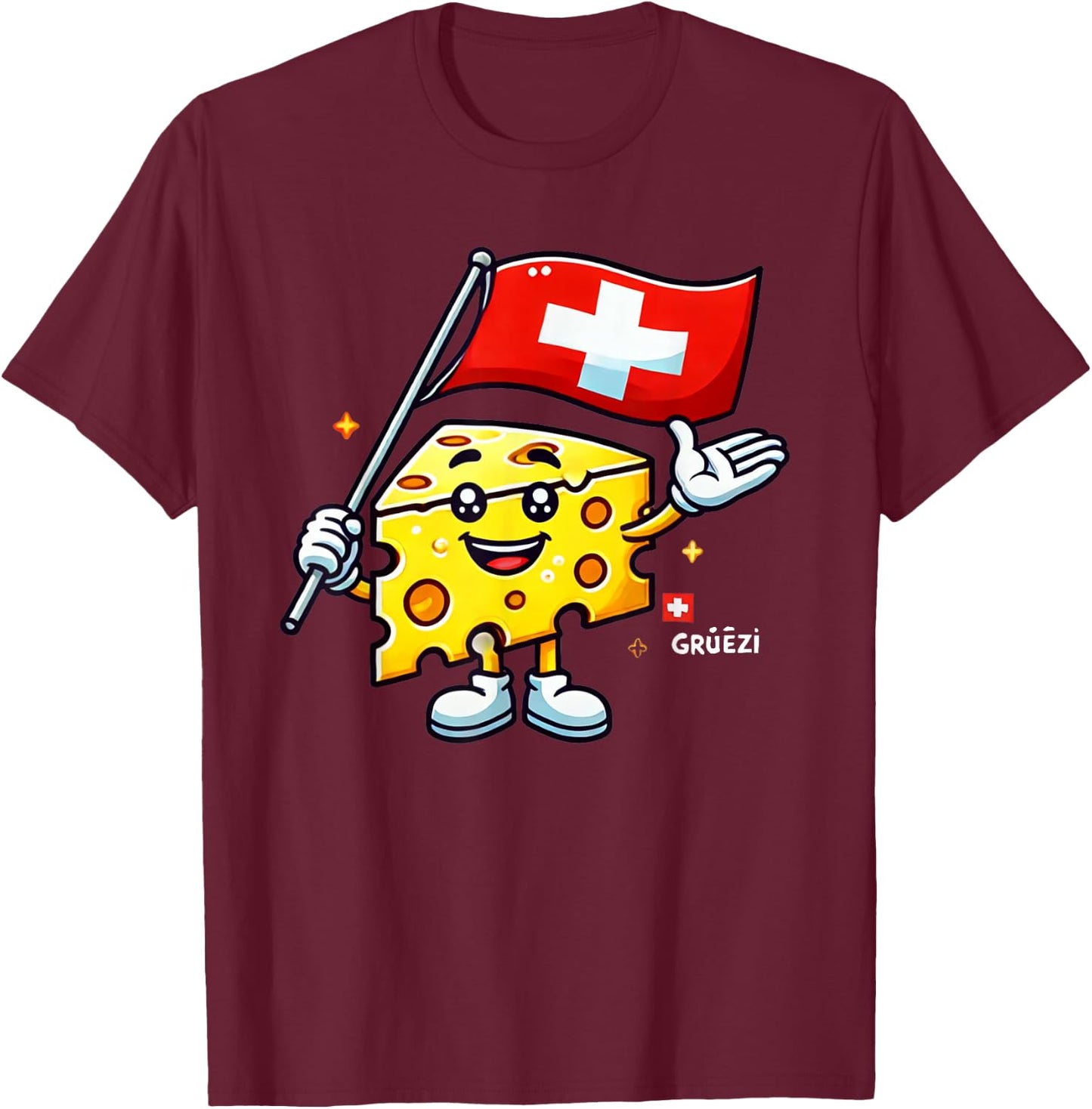 Grüezi - Funny Swiss Cheese Cartoon Switzerland National Day T-Shirt - T-Shirt | Maroon