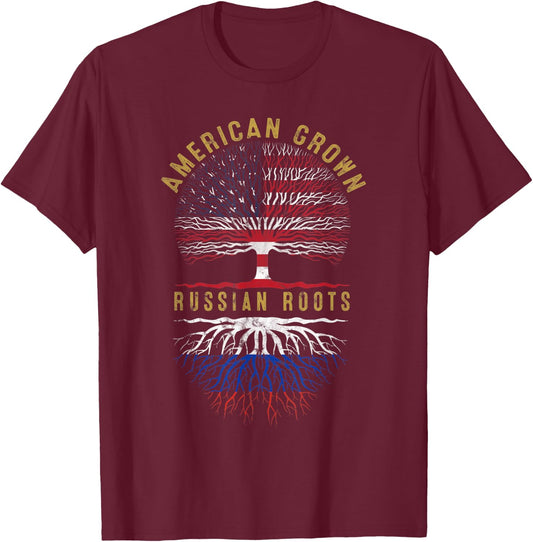 Distressed Tree USA Flag American Grown Russian Roots T-Shirt - T-Shirt | Maroon