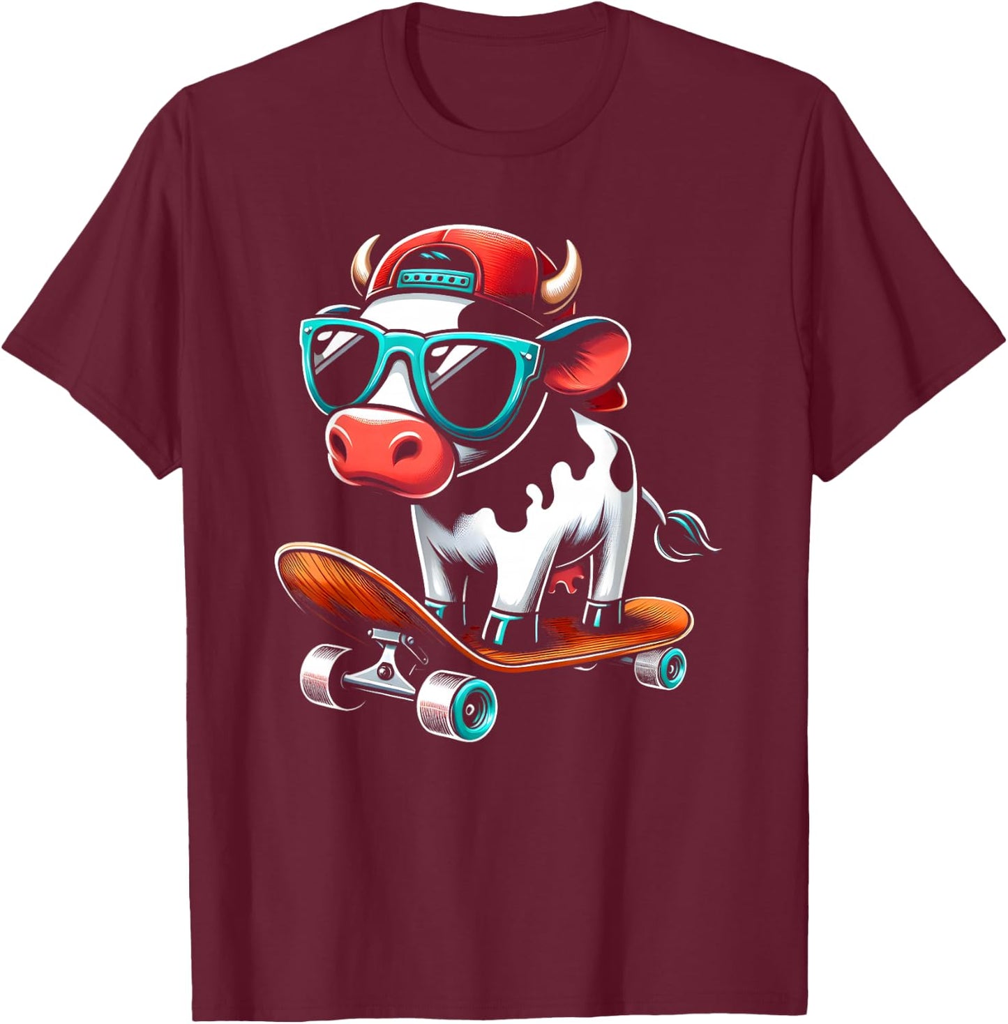 Kids Cow On A Skateboard Skater Boys T-Shirt - T-Shirt | Maroon