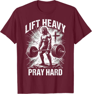 Lift Heavy Pray Hard Christian Jesus Gym Faith T-Shirt - T-Shirt | Maroon