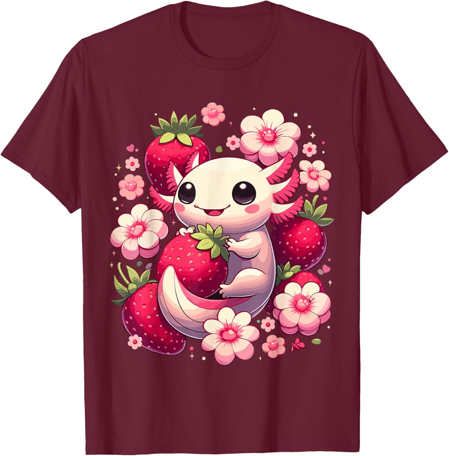 Cute Axolotl Kawaii Anime Axolotl Strawberry , Black, S T-Shirt - T-Shirt | Maroon