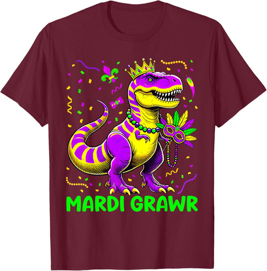 Mardi Grawr T-Rex Dino Toddler Kids Mardi Gras Boys T-Shirt - T-Shirt | Maroon